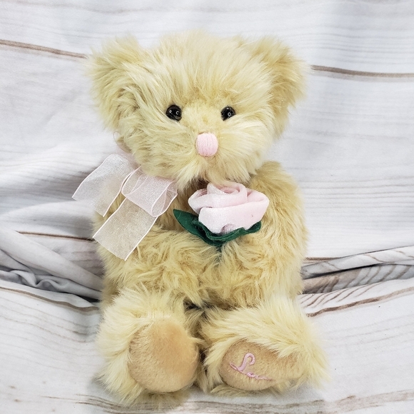 Russ Champagne Fluffy Teddy Bear With Pink Rose Love Embroidered 7 Inch 2010 - Picture 1 of 10